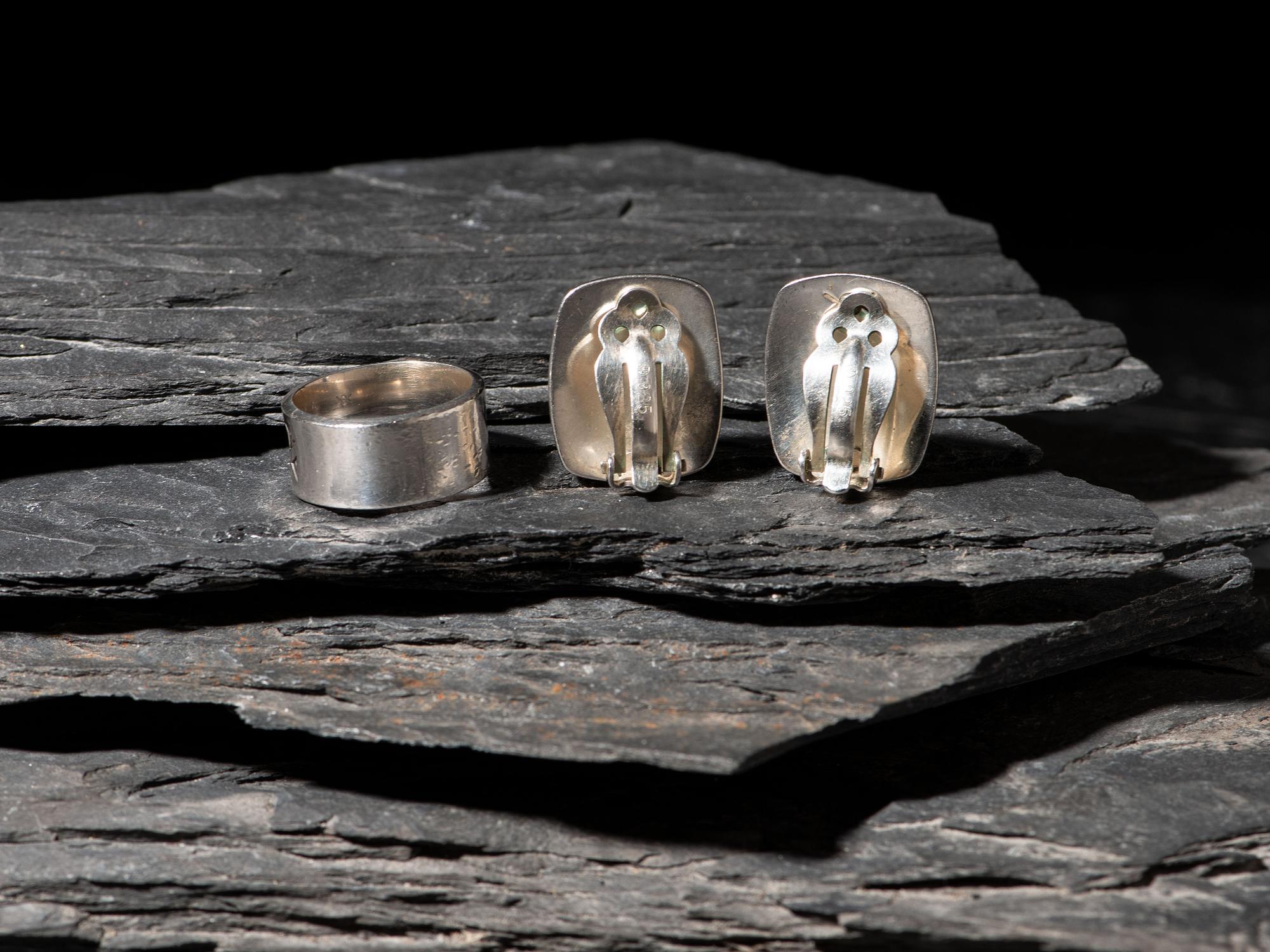 Matching Stamped Silver Ring and Clip Earrings