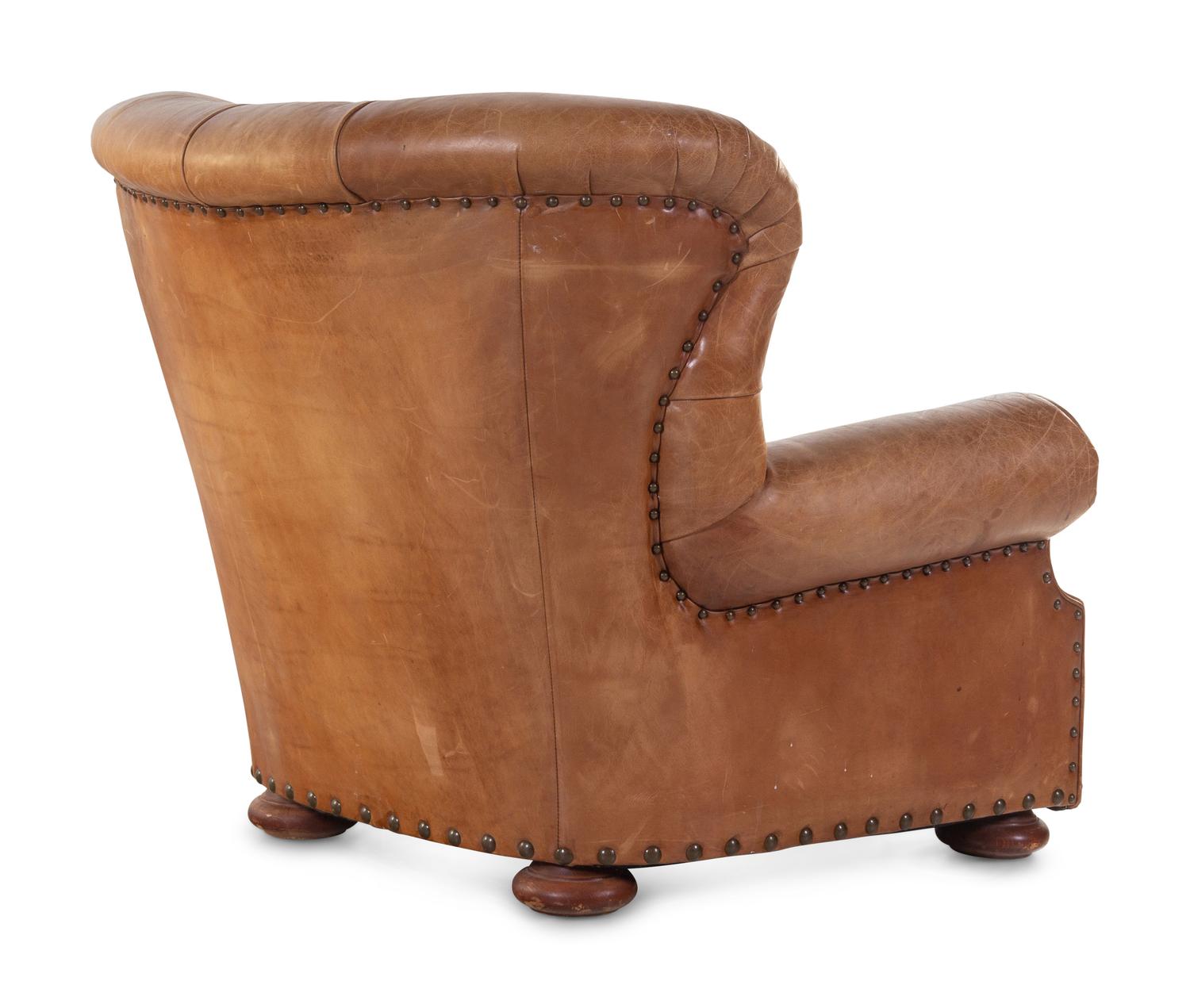 A Pair of Leather Upholstered Wingback Armchairs with Ottoman, Retailed by RH