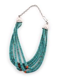Five-strand Rolled Turquoise and Spiny Oyster Necklace