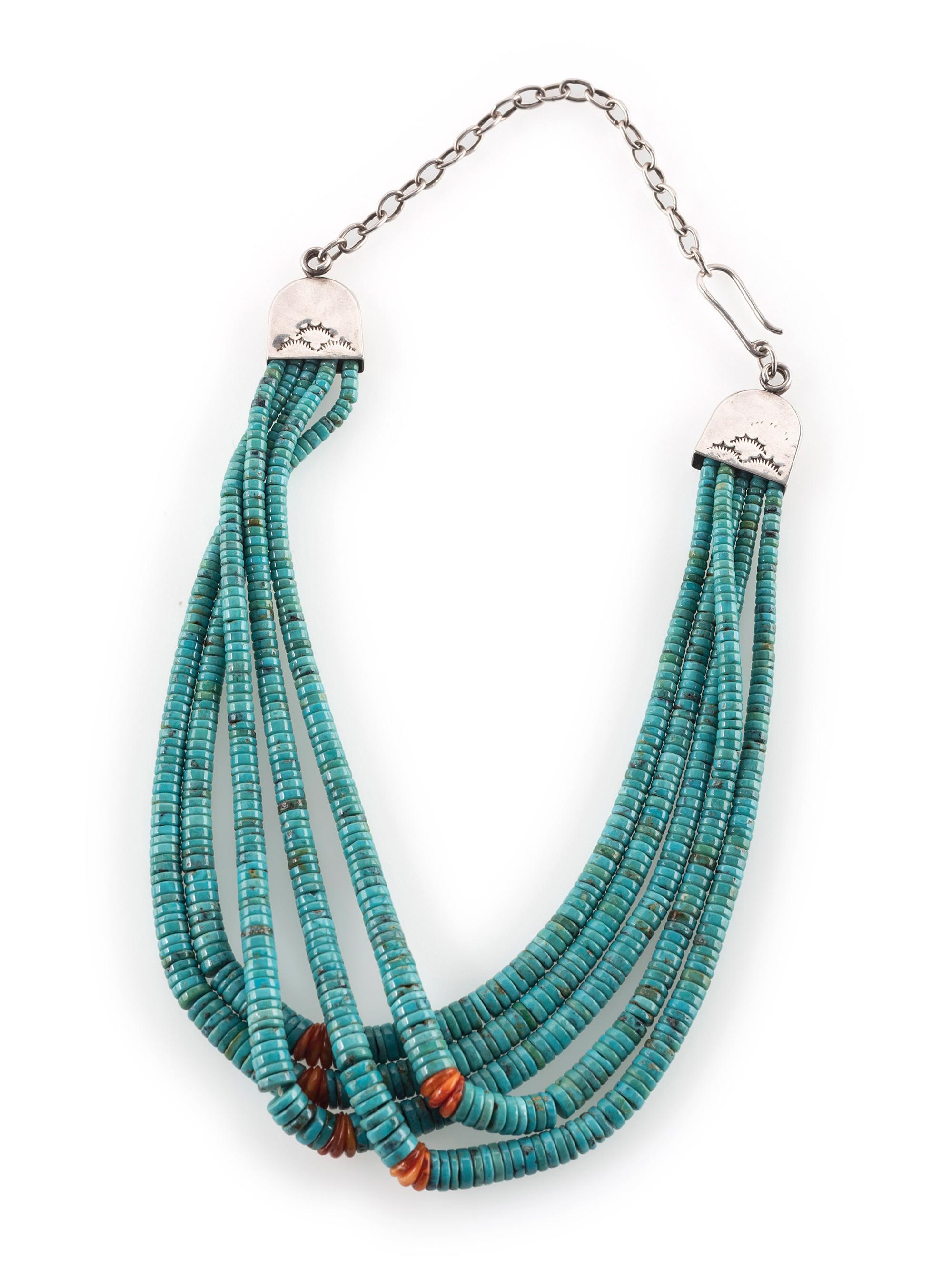 Five-strand Rolled Turquoise and Spiny Oyster Necklace