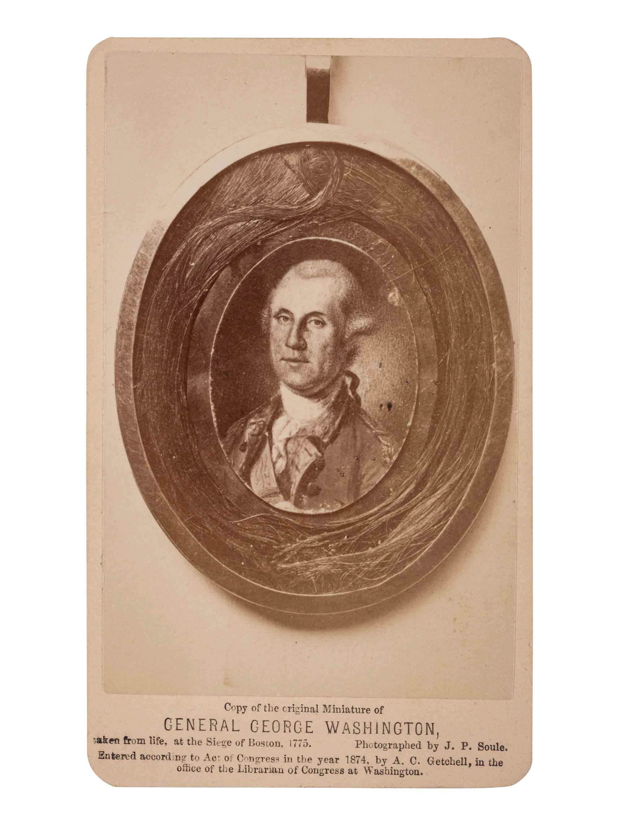 [WASHINGTON, George (1732-1799)]. SOULE, J.P., photographer. CDV of a George Washington miniature embellished with hair. Washington, DC: A.C. Getchell, 1874.