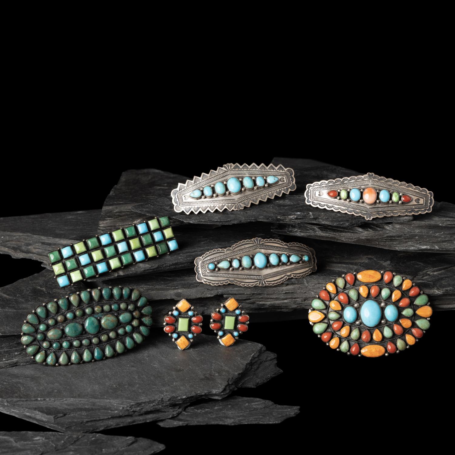Don Lucas (American, 20th century) — Southwestern-style Sterling Silver and Cluster Inlay Hair Barrettes and Post Earrings