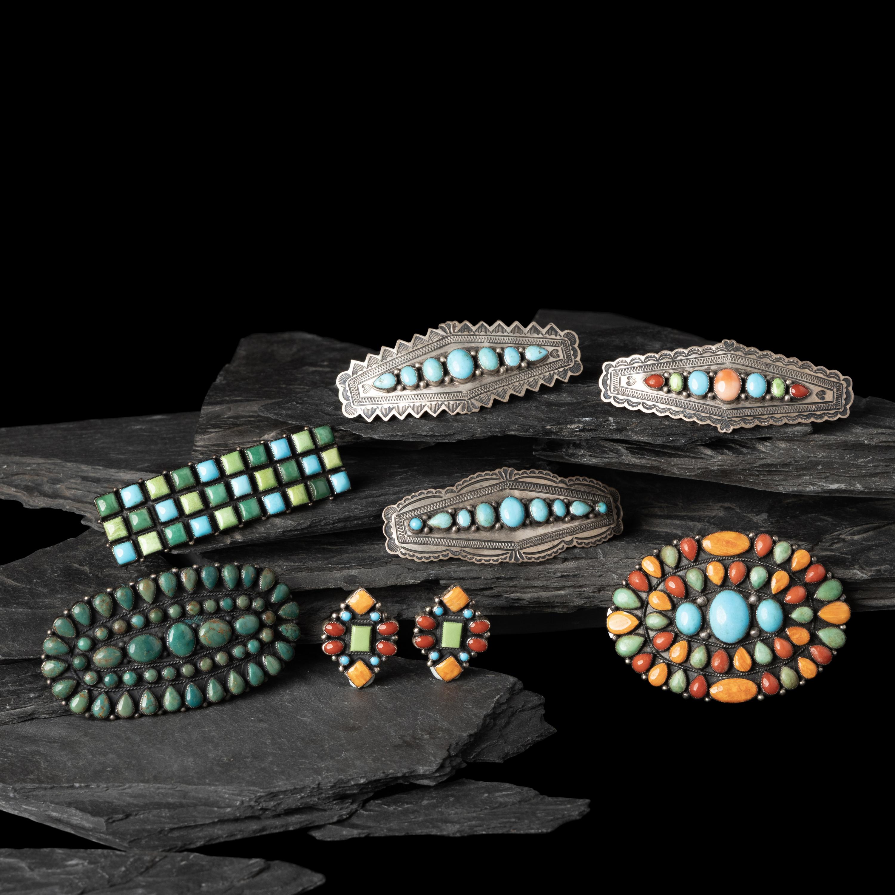 Don Lucas (American, 20th century) — Southwestern-style Sterling Silver and Cluster Inlay Hair Barrettes and Post Earrings