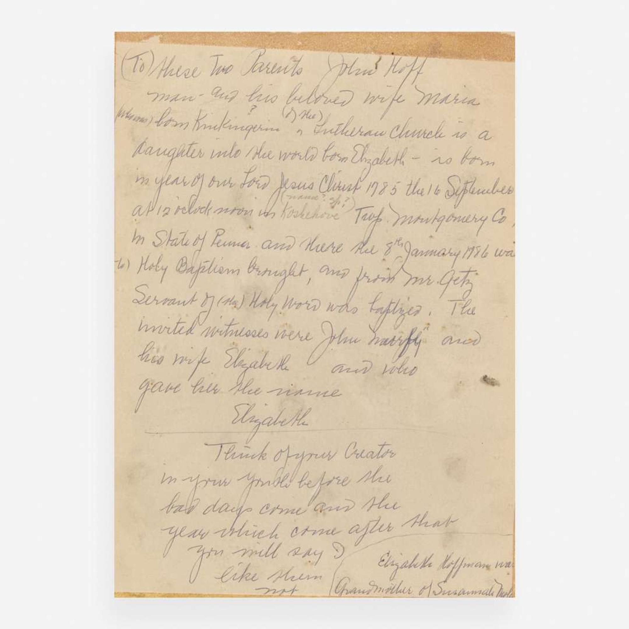 The Blowsy Angel Artist A Fraktur birth and baptism record for Elizabeth Hoff, dated "1785-1786"