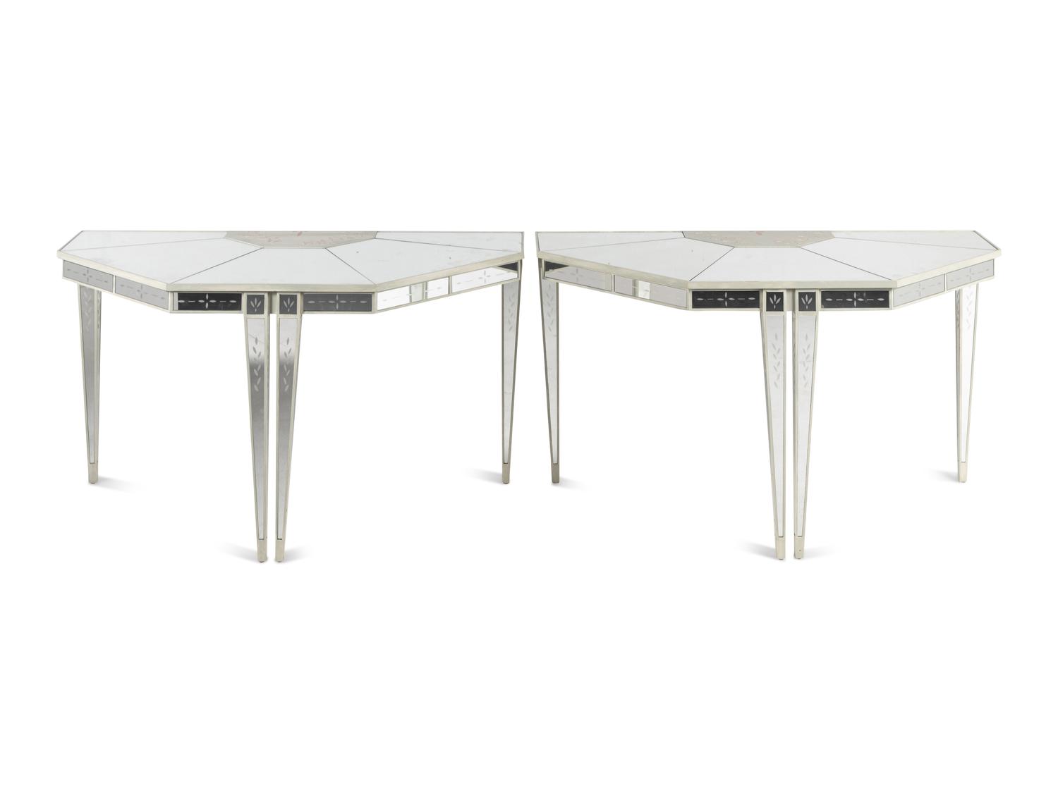 A Pair of Custom Painted and Mirror-Veneered Console Tables