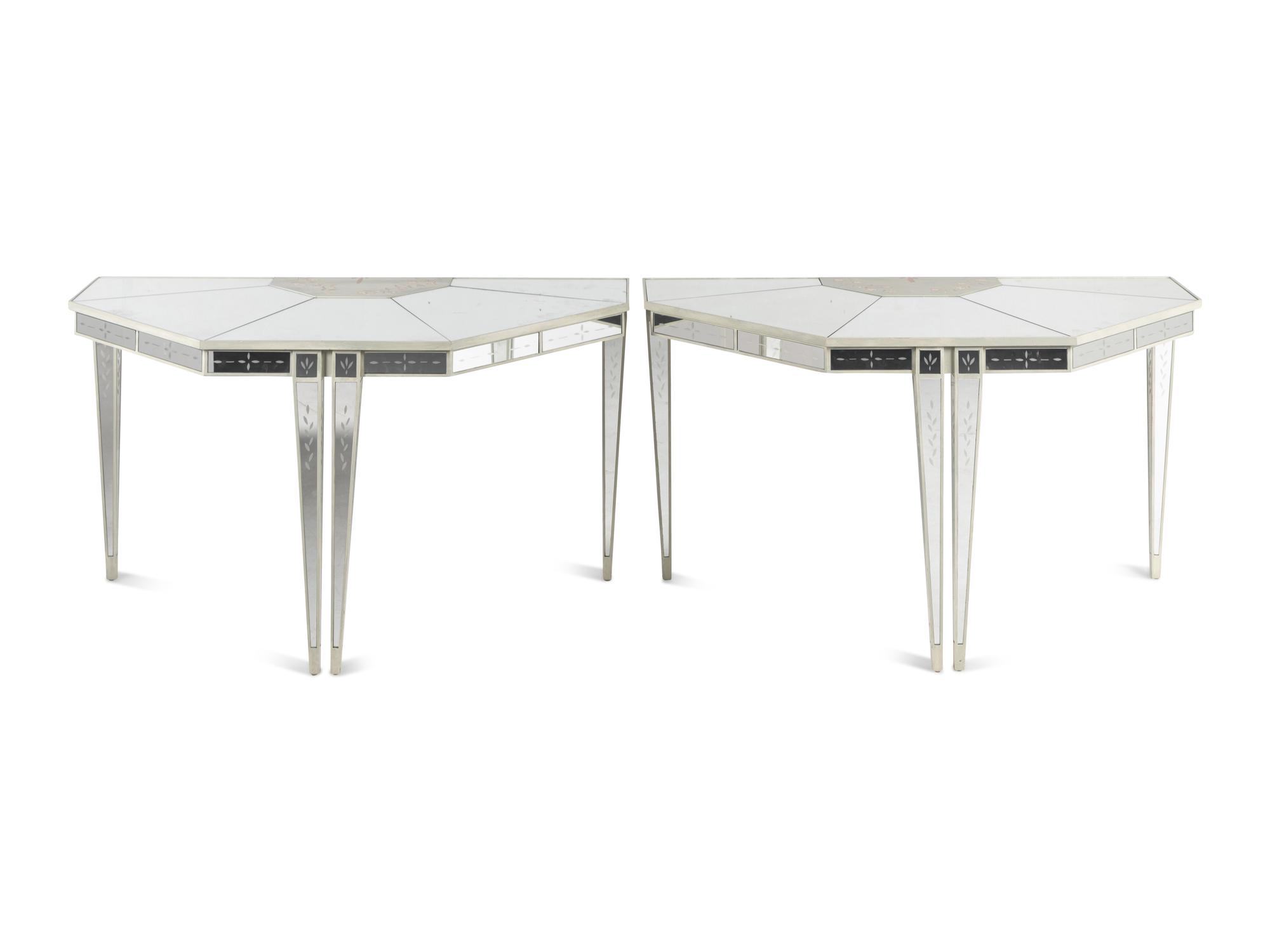A Pair of Custom Painted and Mirror-Veneered Console Tables