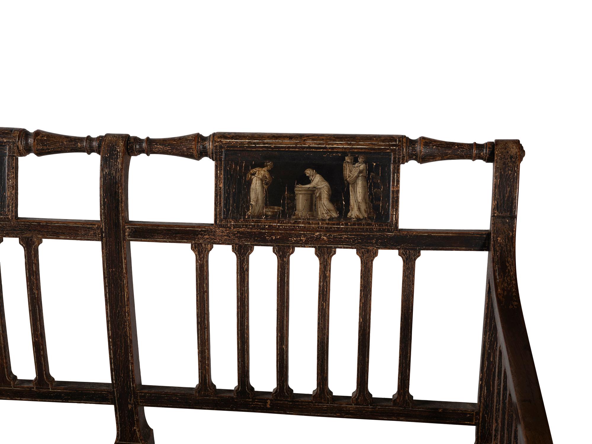 A Regency Grain and Figural Painted Cane-Upholstered Settee