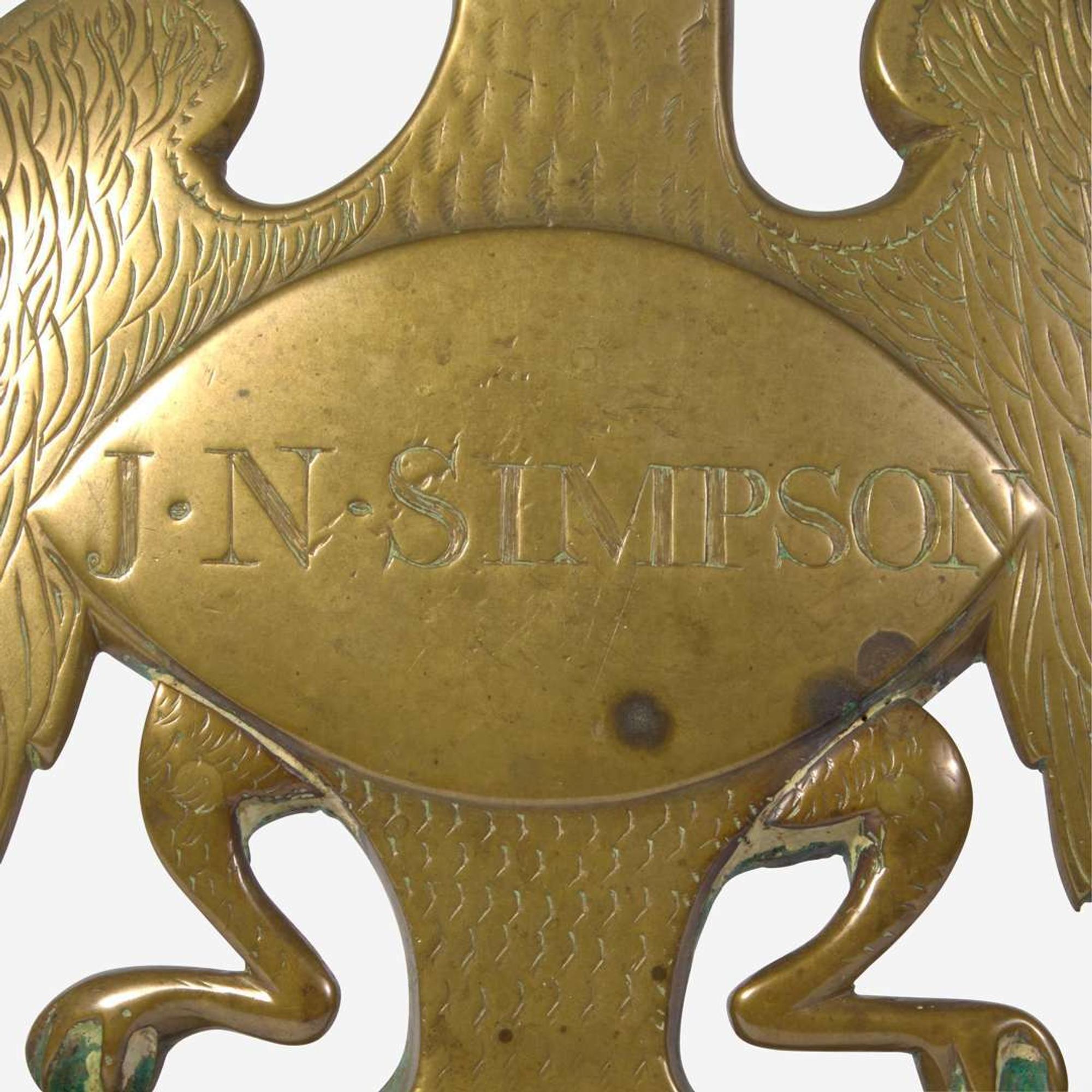 A rare cast and engraved brass eagle form door knocker Possibly Robert Carr, Sr. (active 1790-1832), New York and Philadelphia, early 19th century