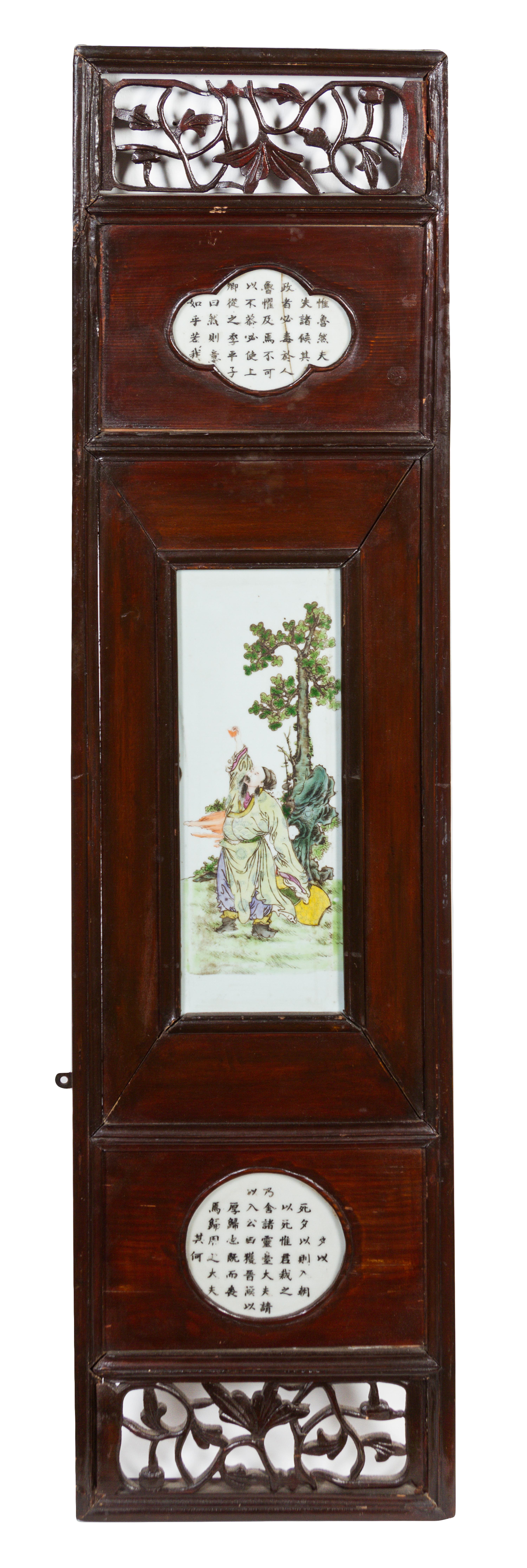 A Set of Four Chinese Famille Rose Porcelain and Wood Panels 19TH CENTURY Height overall 42 1/4 x width 10 1/4 inches. — 19TH CENTURY