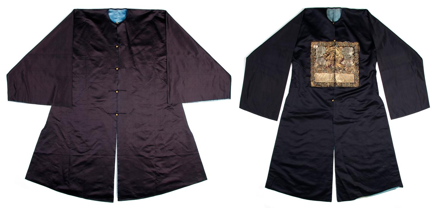A Group of Two Chinese Silk Mens' Surcoats, Length of longest 47 inches.