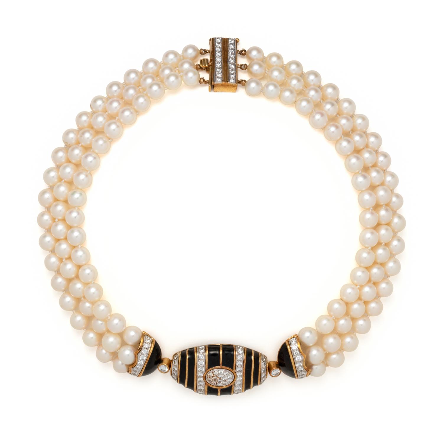 CULTURED PEARL, DIAMOND AND ENAMEL CHOKER NECKLACE