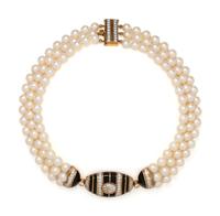 CULTURED PEARL, DIAMOND AND ENAMEL CHOKER NECKLACE
