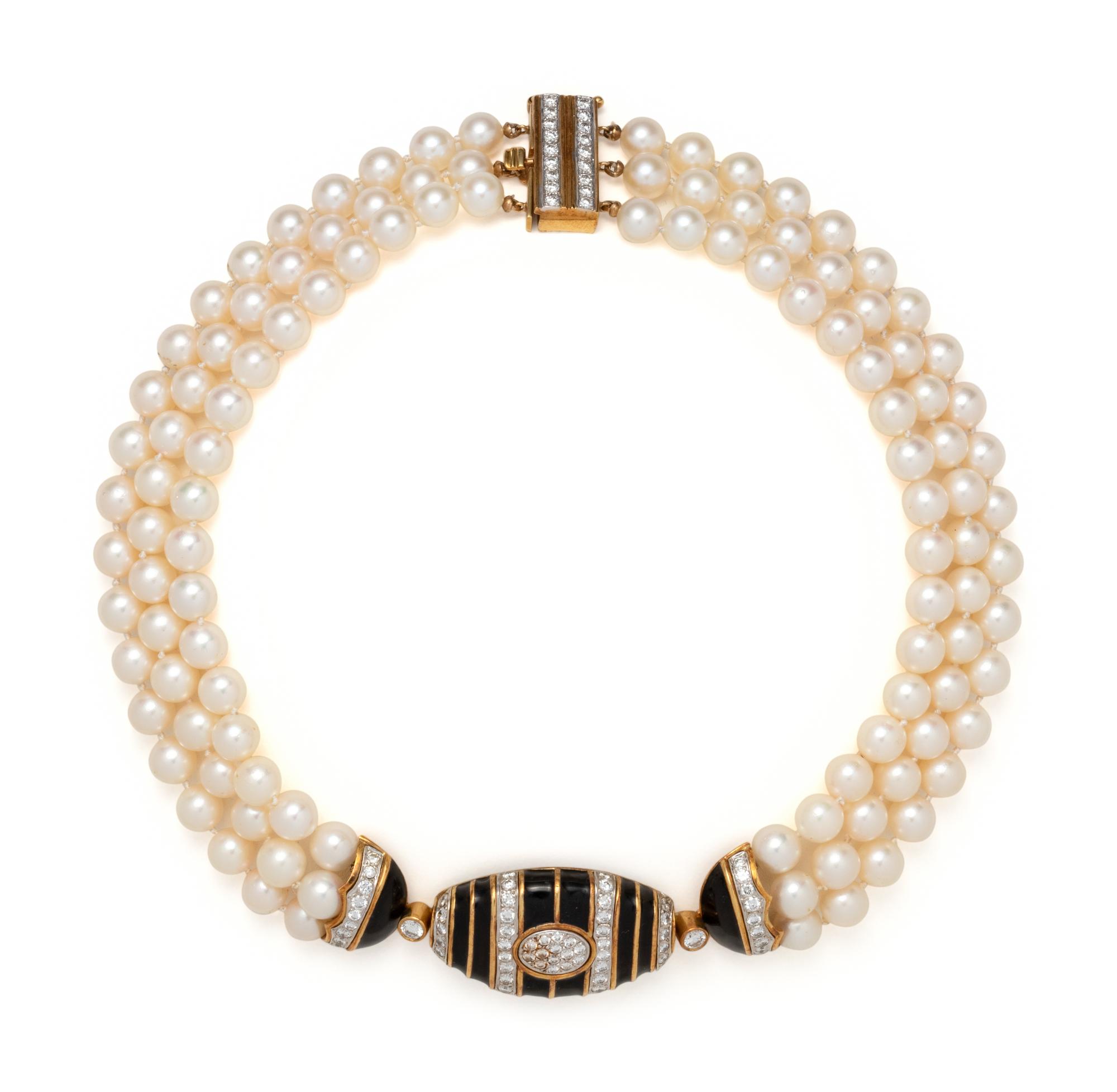 CULTURED PEARL, DIAMOND AND ENAMEL CHOKER NECKLACE