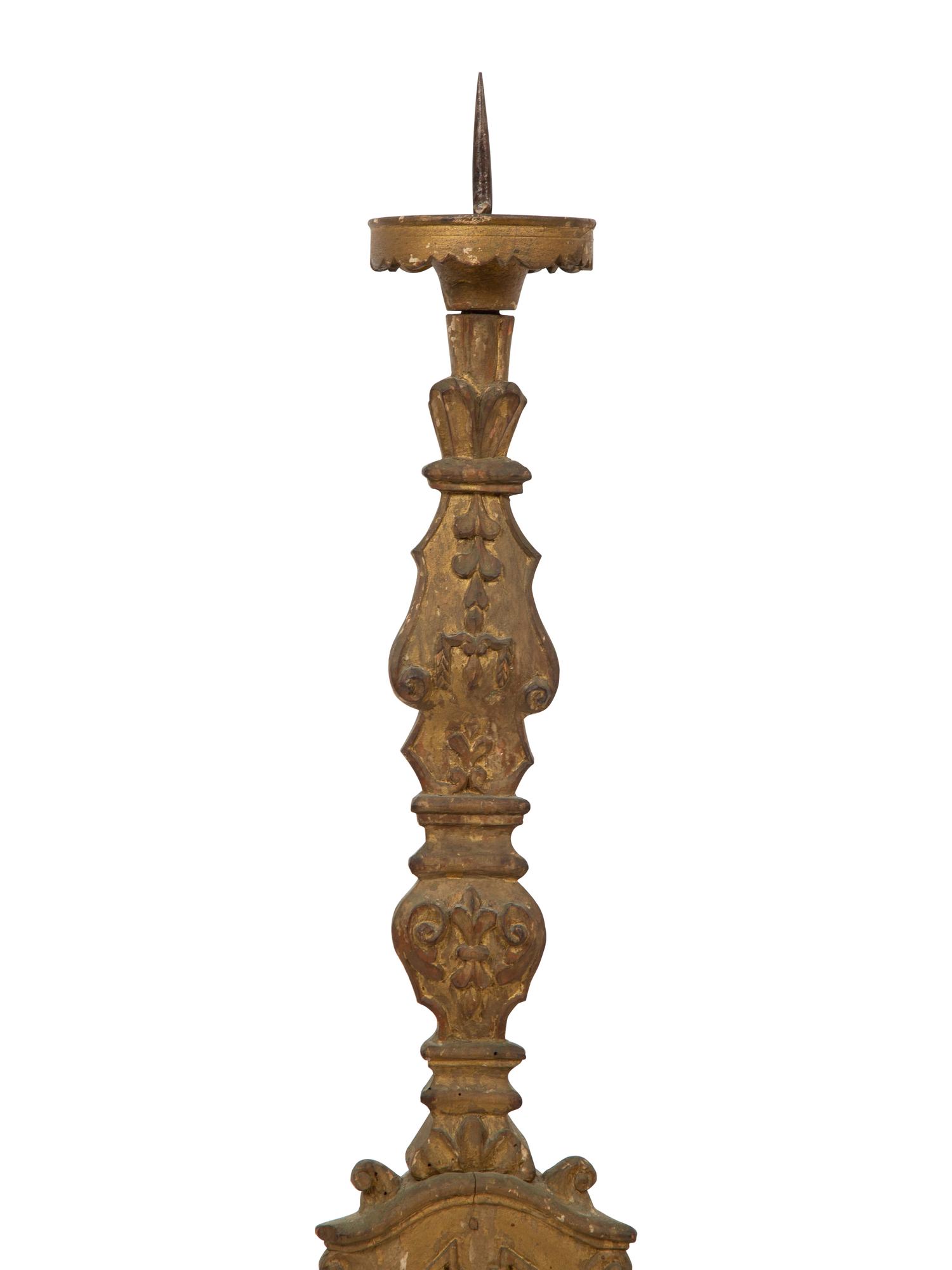 A Pair of Italian Baroque Style Carved Giltwood Pricket Sticks
