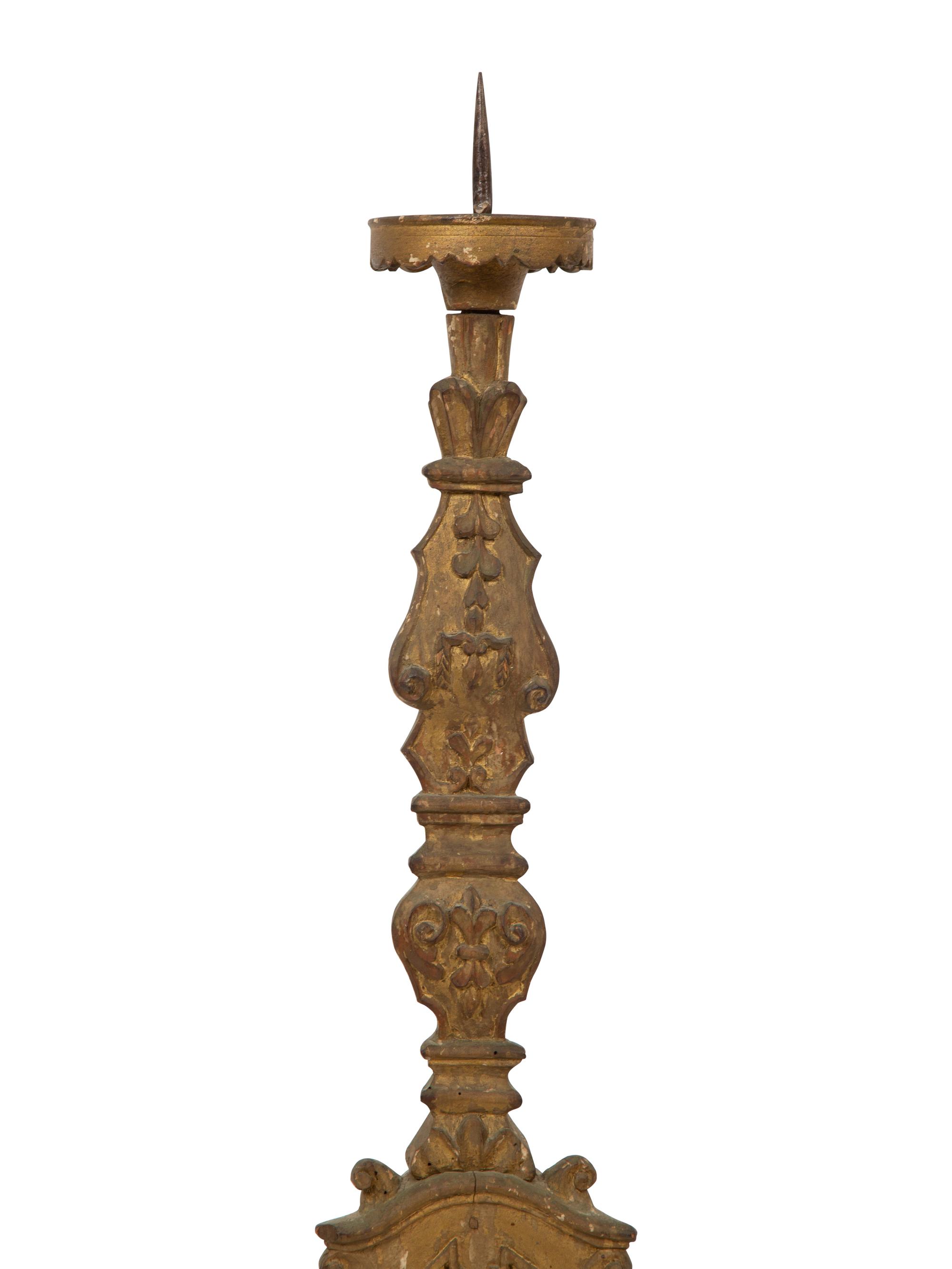 A Pair of Italian Baroque Style Carved Giltwood Pricket Sticks