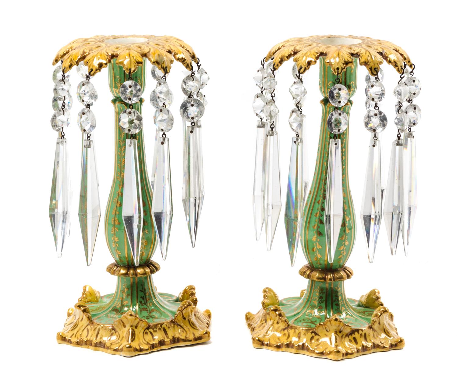 A Pair of English Parcel-Gilt and Green-Painted Cut-Glass and Porcelain Lustres Height 9 1/2 inches. — LATE 19TH/EARLY 20TH CENTURY