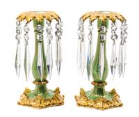 A Pair of English Parcel-Gilt and Green-Painted Cut-Glass and Porcelain Lustres Height 9 1/2 inches. — LATE 19TH/EARLY 20TH CENTURY