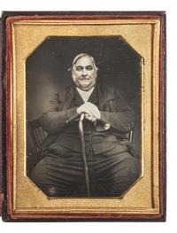 [EARLY PHOTOGRAPHY]. Quarter plate daguerreotype featuring a portly gentleman with a cane, tentatively identified.