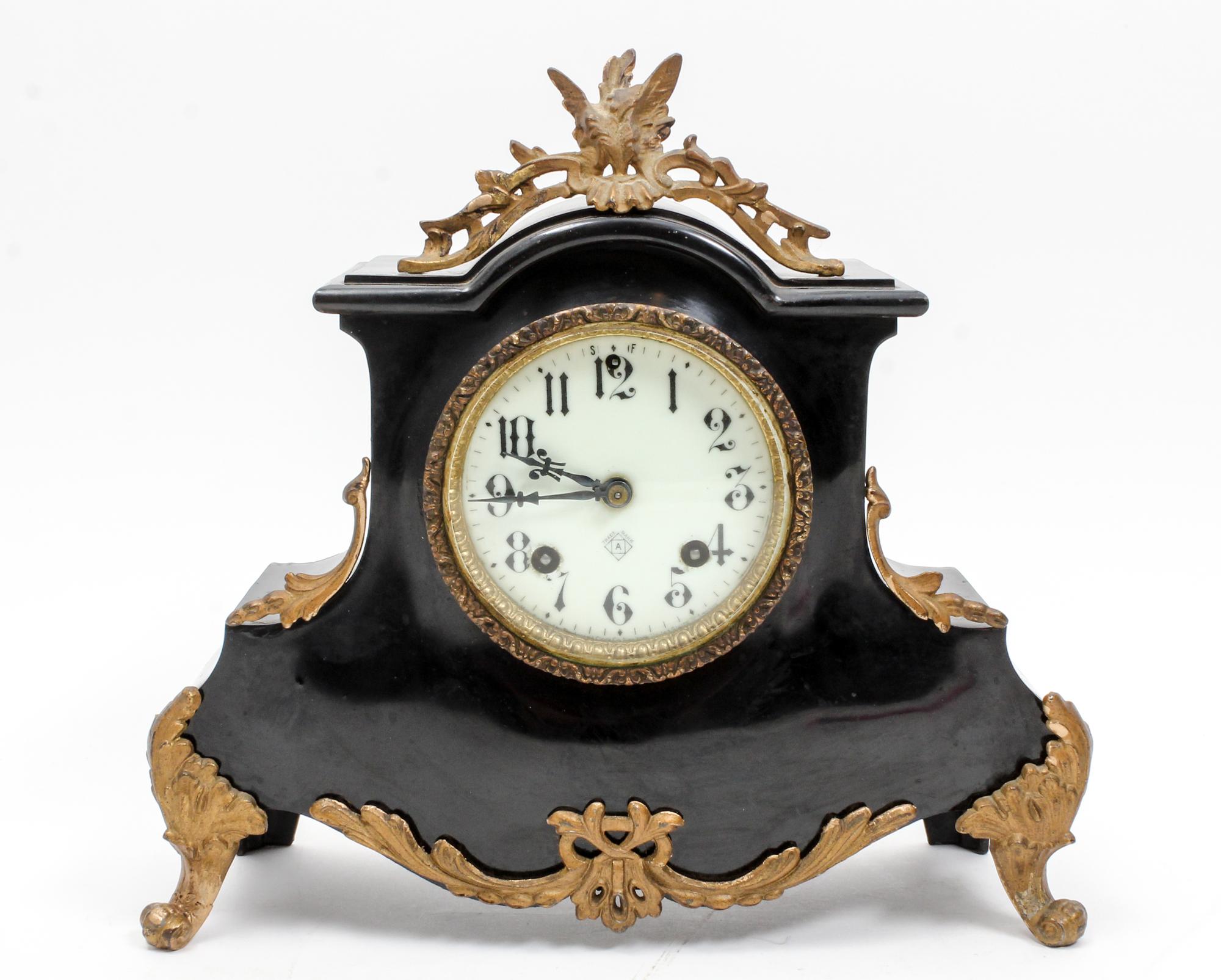 An American Gilt Metal Mounted Lacquered Mantel Clock Height 11 3/4 x width 12 1/2 inches. — ANSONIA CLOCK CO.