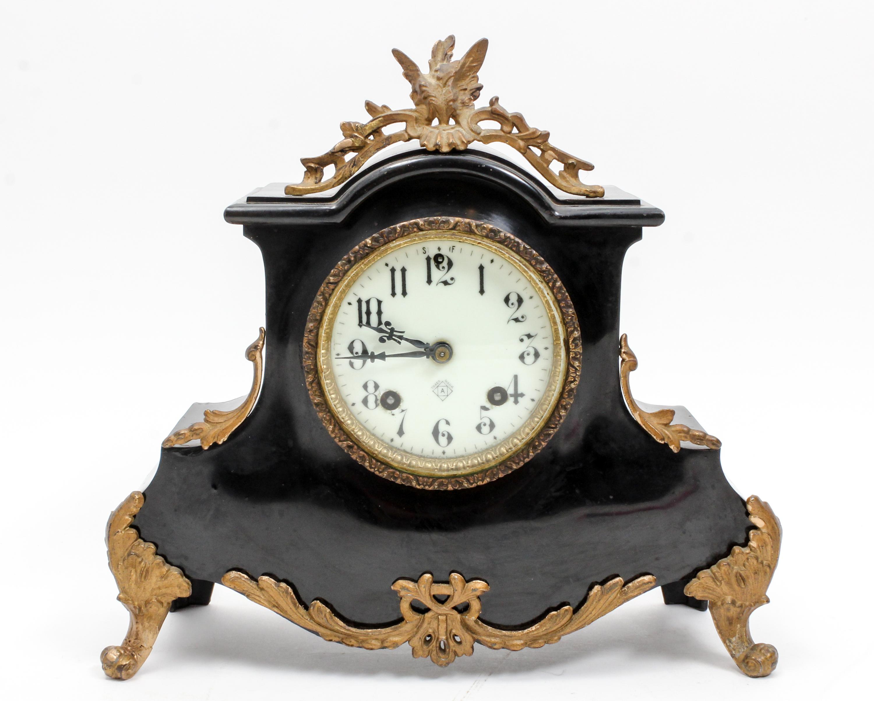 An American Gilt Metal Mounted Lacquered Mantel Clock Height 11 3/4 x width 12 1/2 inches. — ANSONIA CLOCK CO.