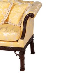 A Baker Chinese Chippendale Style Yellow Damask Upholstered Mahogany Settee