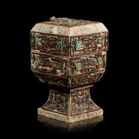 A Chinese Turquoise and Hardstone Inlaid Stone Covered Vessel 嵌寶雕石蓋盒
