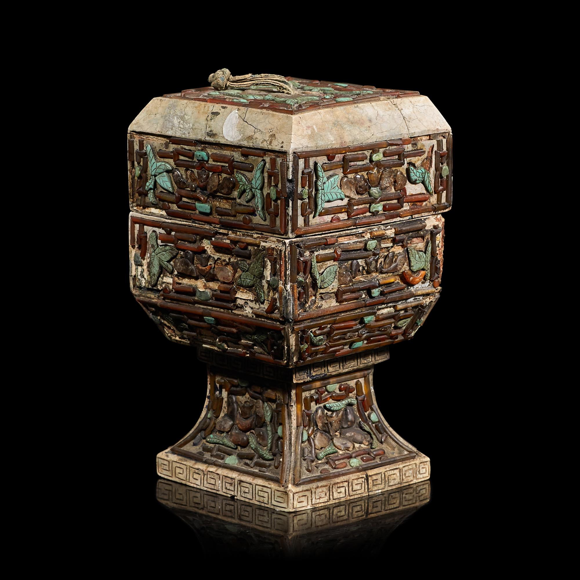 A Chinese Turquoise and Hardstone Inlaid Stone Covered Vessel 嵌寶雕石蓋盒