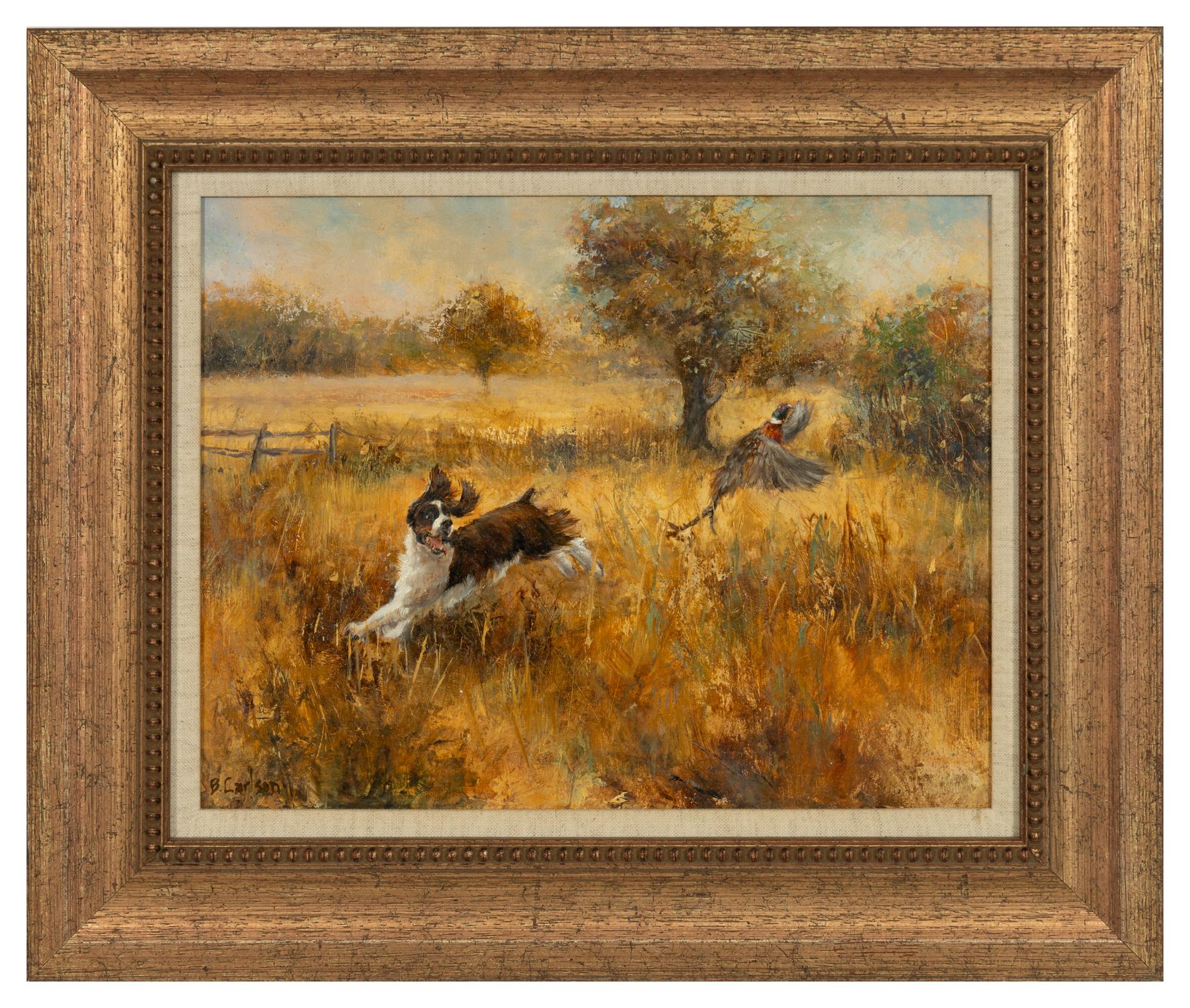 A Dog Chasing a Pheasant and Two Hounds in the Field, with Bob Whites in flight (two works)