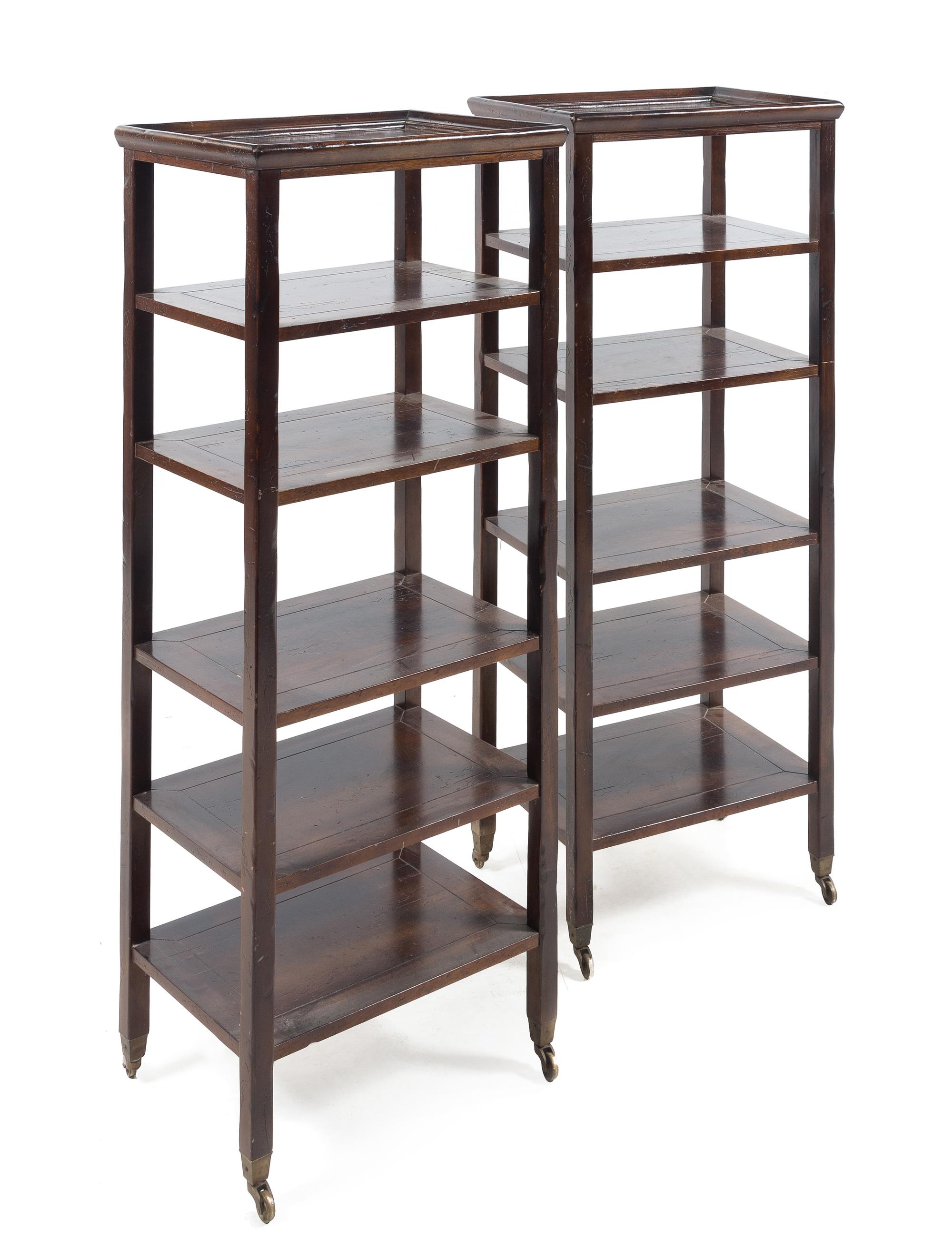 A Pair of Hardwood Six-Tier Etageres Height 50 1/2 x width 19 1/2 x depth 14 1/2 inches. — INCORPORATING 19TH CENTURY ELEMENTS