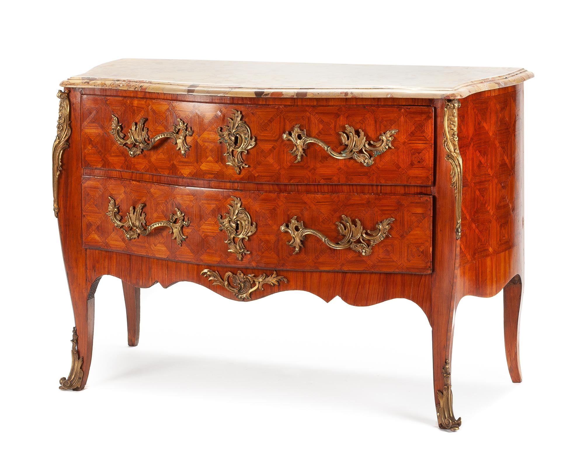 A Louis XV Style Gilt Bronze Mounted Parquetry Commode Height 33 x width 47 x depth 22 inches. — LATE 19TH CENTURY