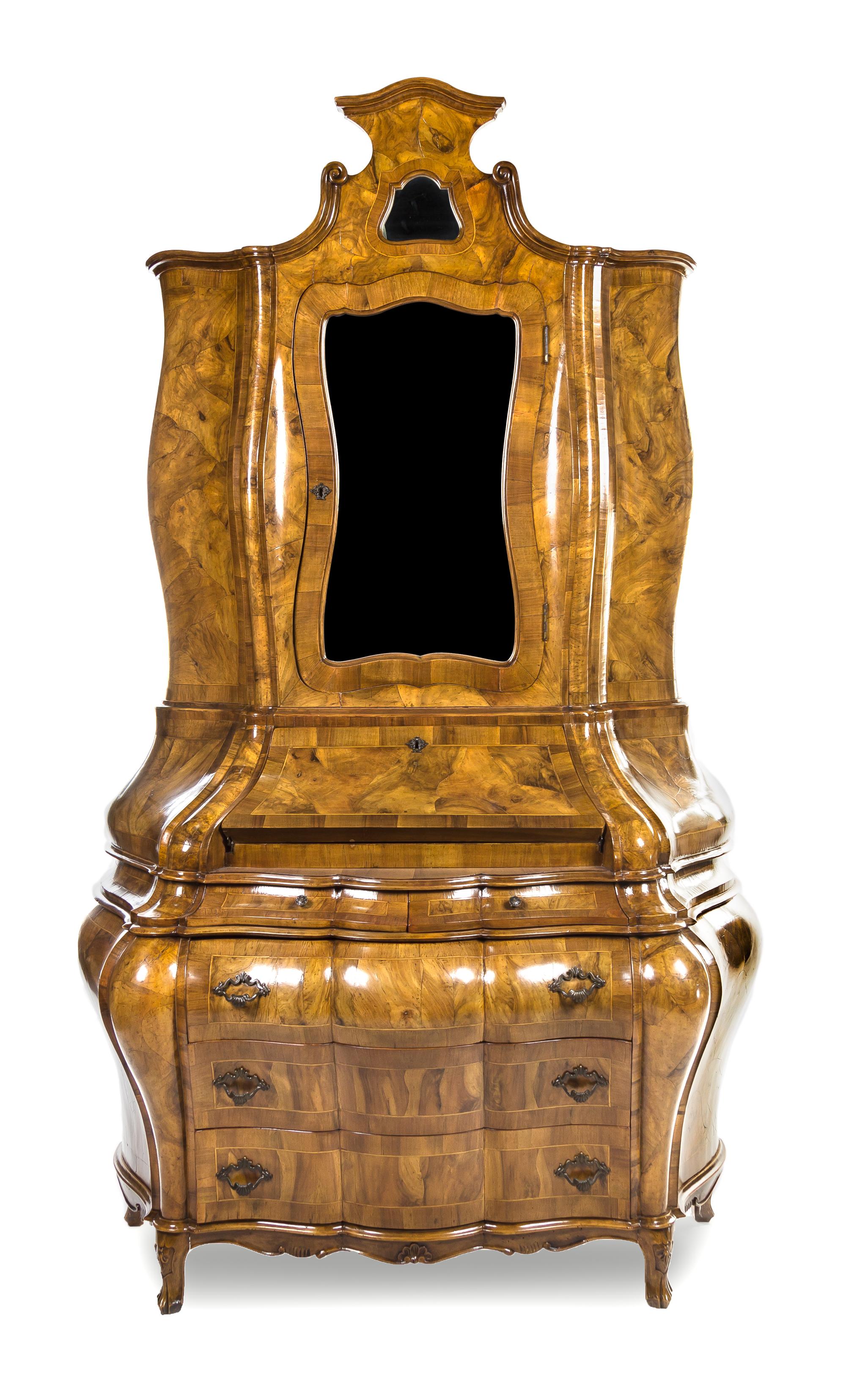 A German Burlwood Secretary LATE 19TH CENTURY Height 97 x width 62 x depth 27 inches. — LATE 19TH CENTURY