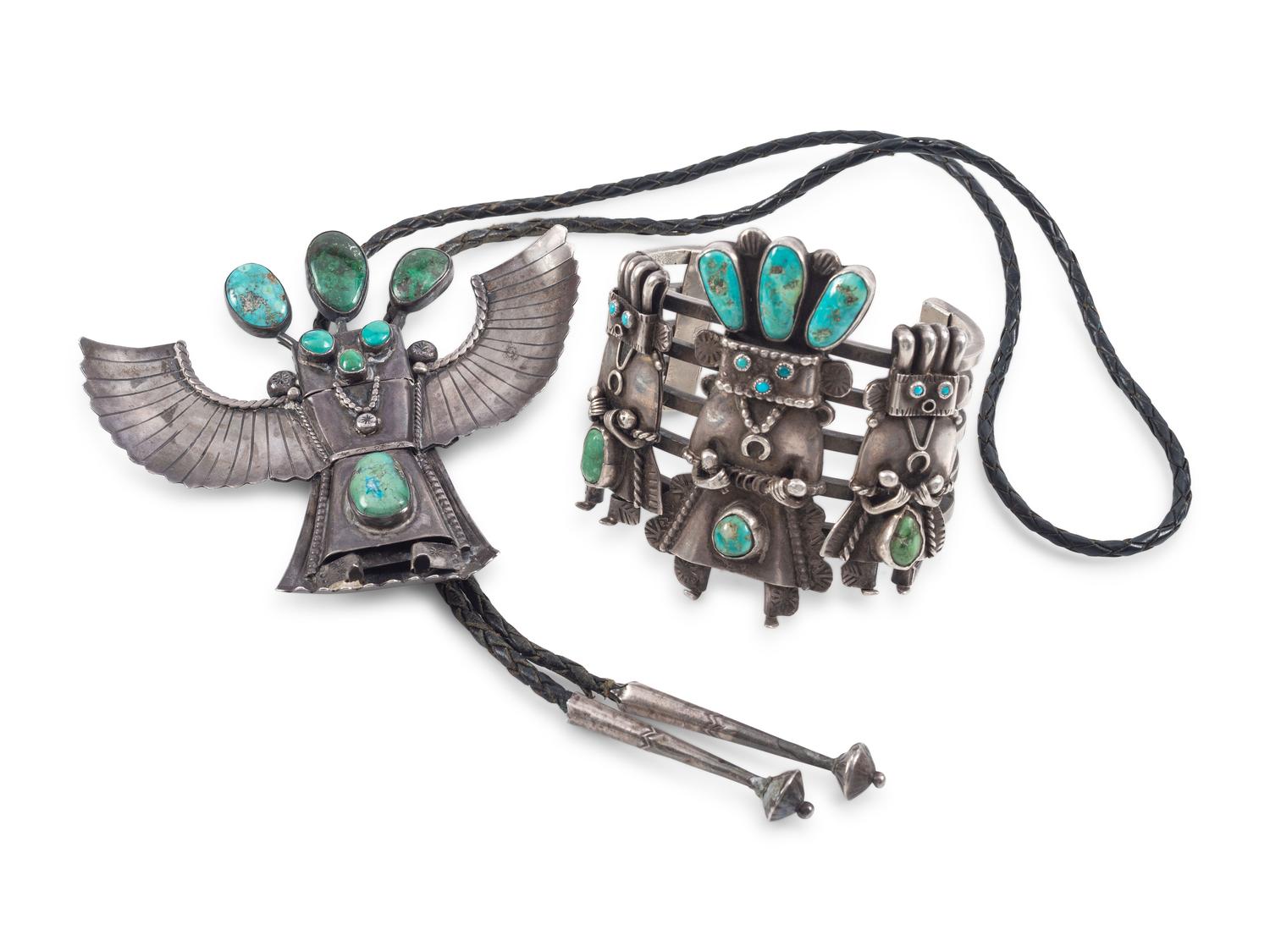 Navajo Silver and Turquoise Katsina Bolo Tie AND Cuff Bracelet