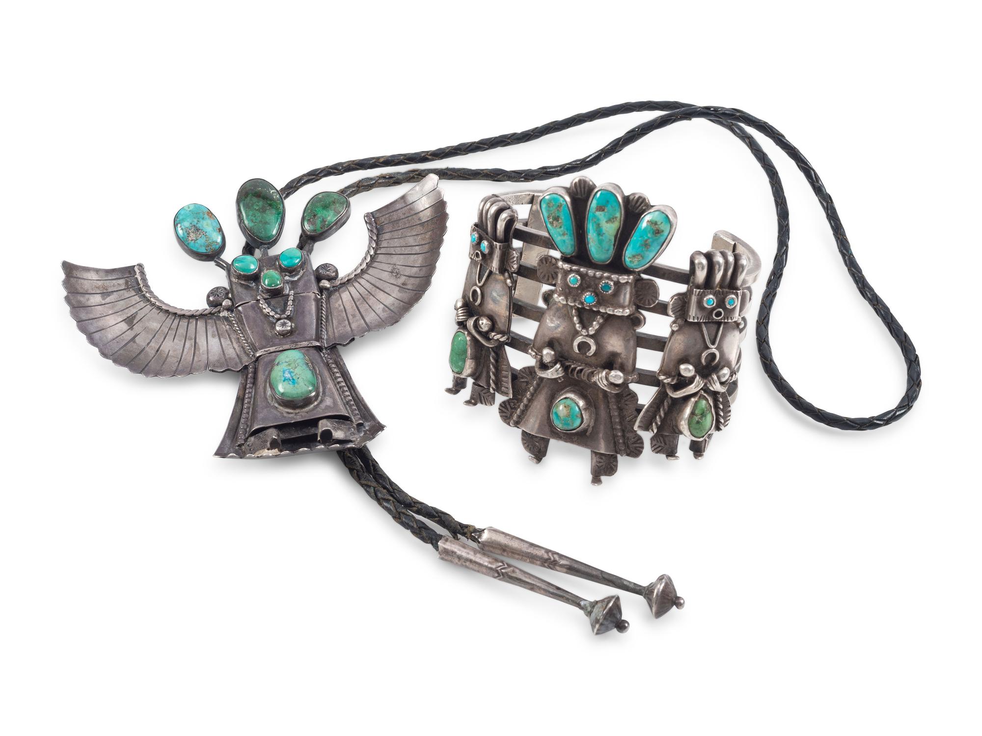 Navajo Silver and Turquoise Katsina Bolo Tie AND Cuff Bracelet