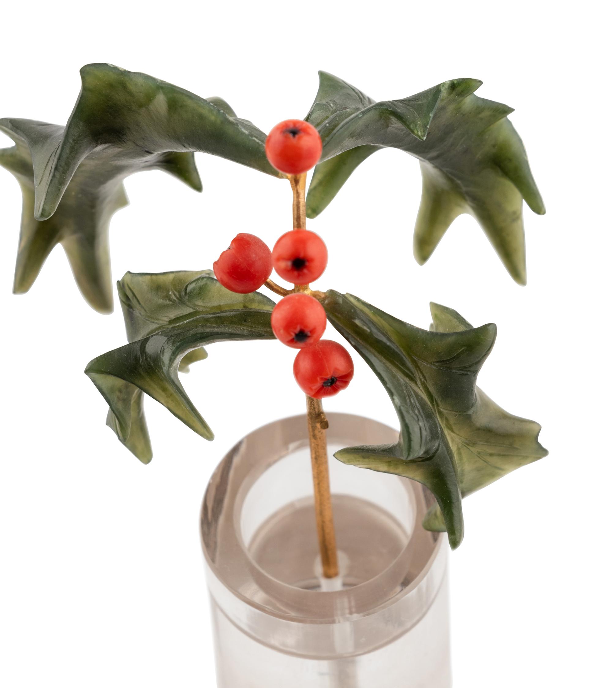 A Carved Rock Crystal, Nephrite and Coral and 18-Karat Gold Holly Berry Flower Study