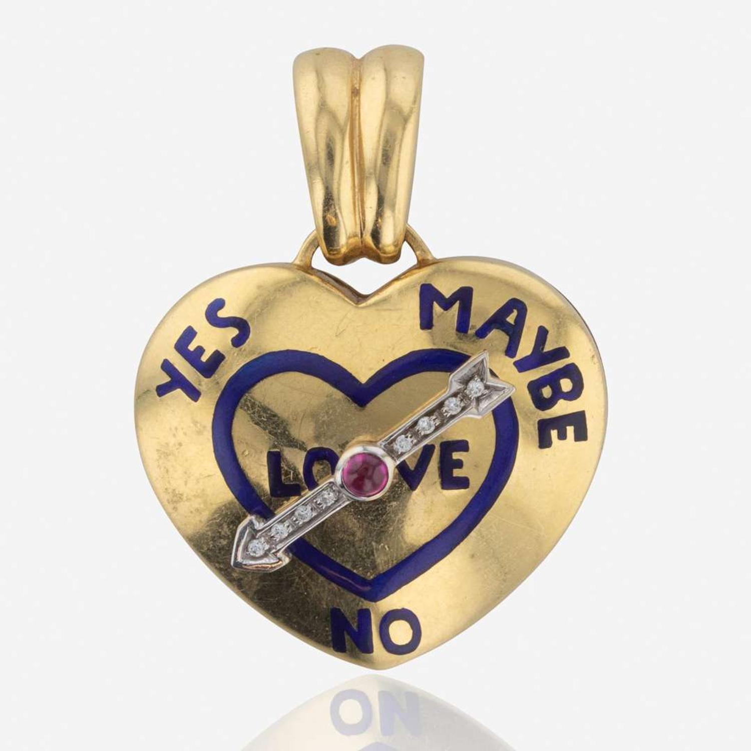 An 18K Yellow Gold, Diamond, and Ruby Heart Shape Pendant