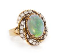 A Yellow Gold, Opal and Diamond Ring, 6.20 dwts.