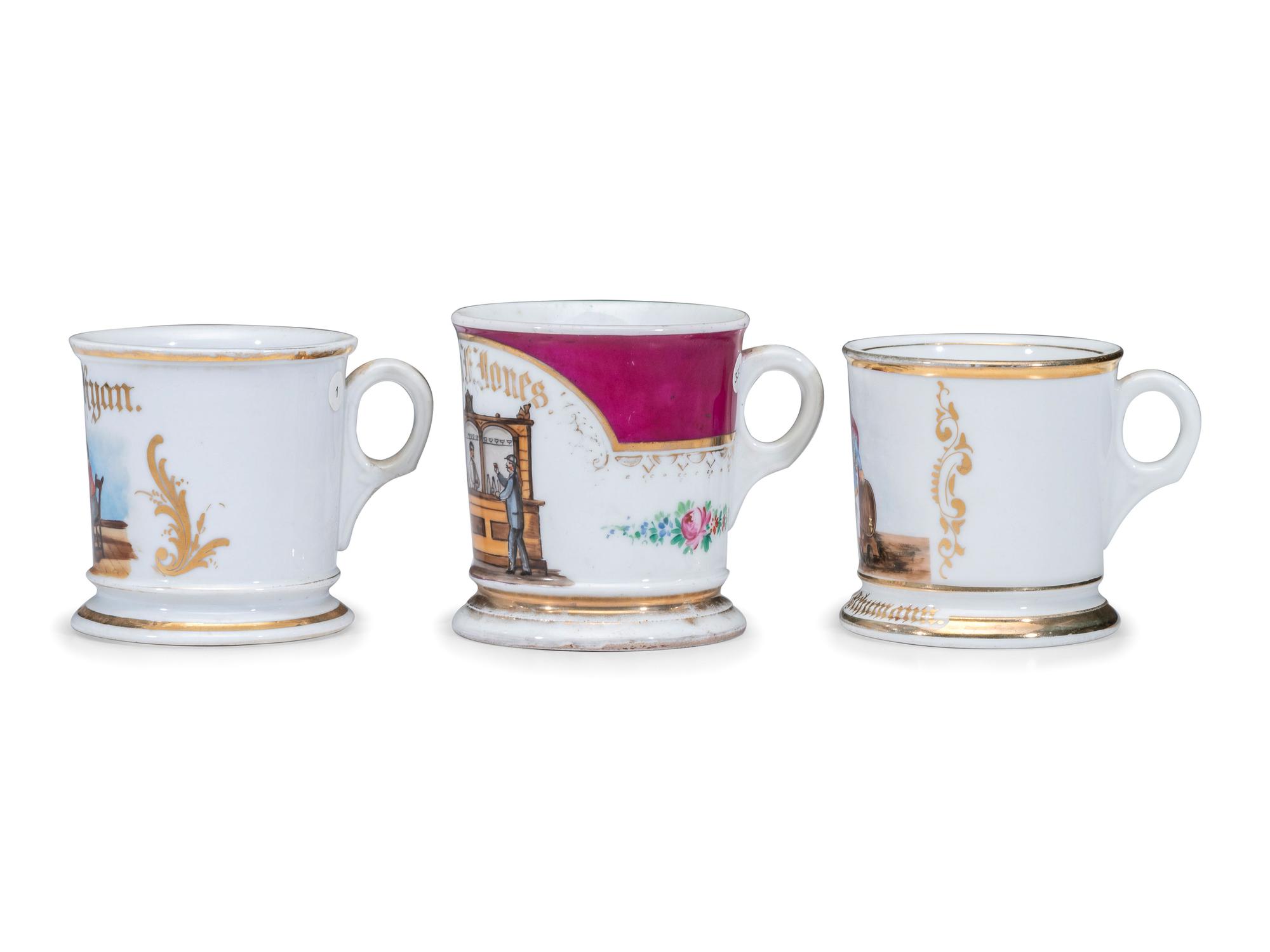 Three Alcohol-Related Porcelain Occupational Shaving Mugs