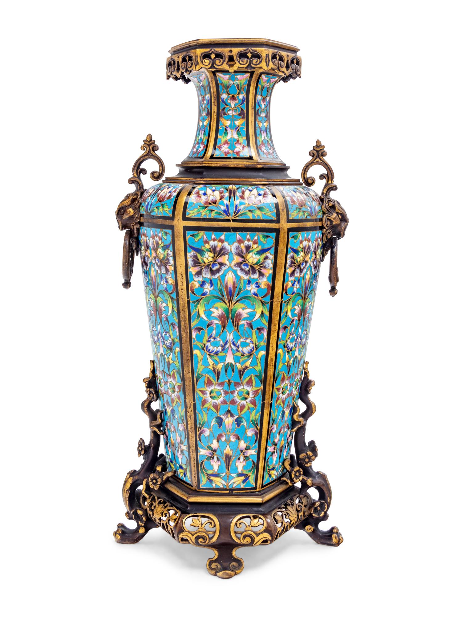 A Large Continental Gilt Metal and Champlevé Vase