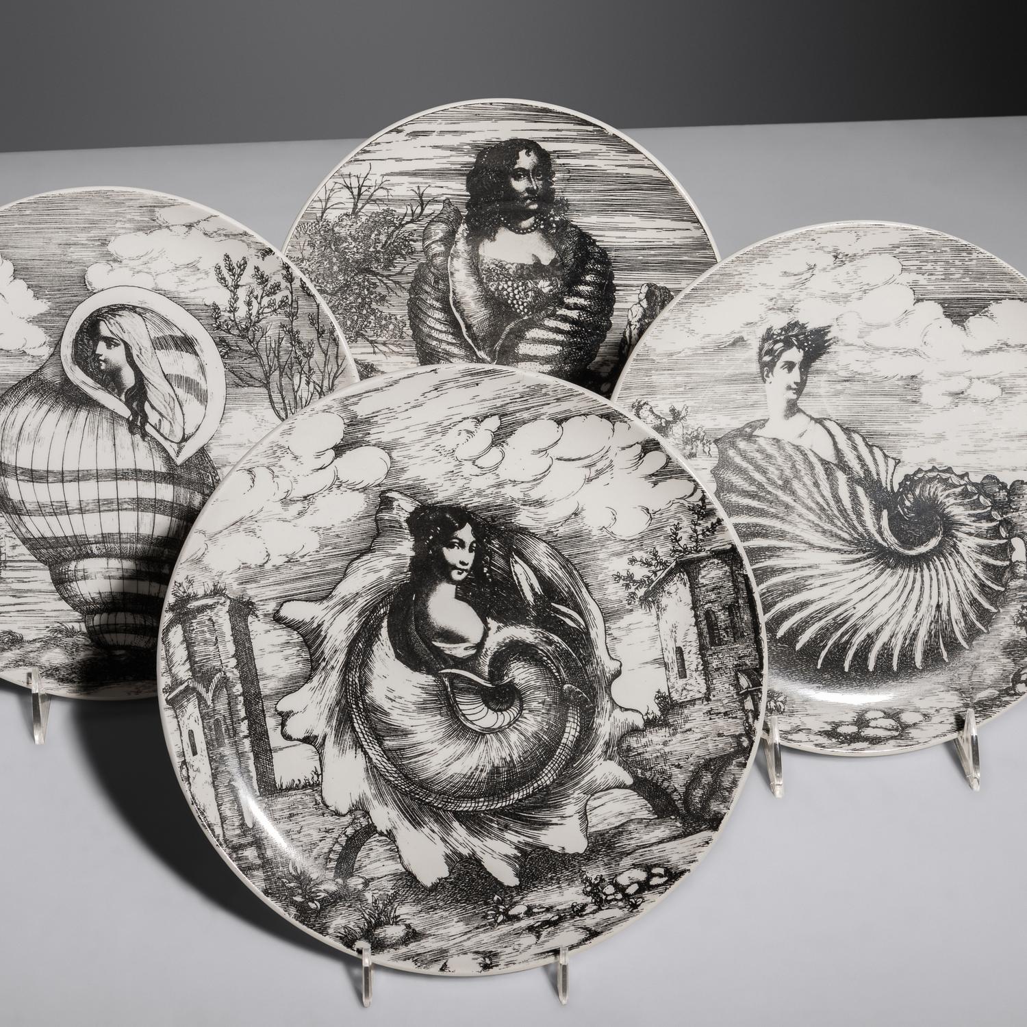 Four Le Oceanidi Plates, c. 1950 along with a Zucca Bowl with Lid, c. 1965 Fornasetti, Italy