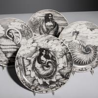 Four Le Oceanidi Plates, c. 1950 along with a Zucca Bowl with Lid, c. 1965 Fornasetti, Italy