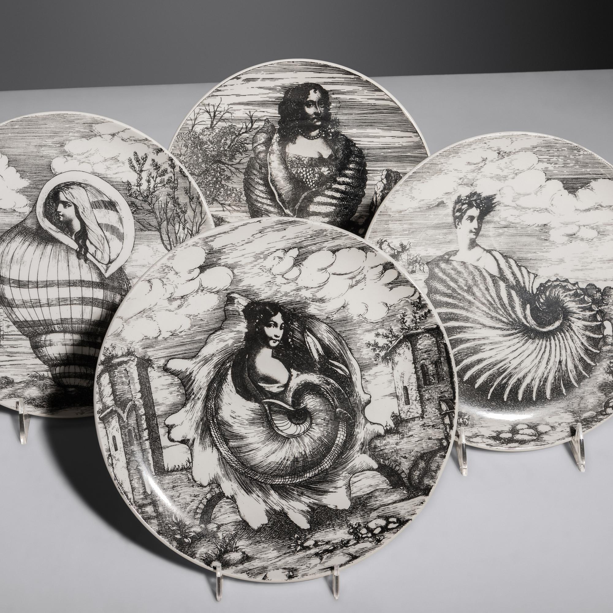 Four Le Oceanidi Plates, c. 1950 along with a Zucca Bowl with Lid, c. 1965 Fornasetti, Italy