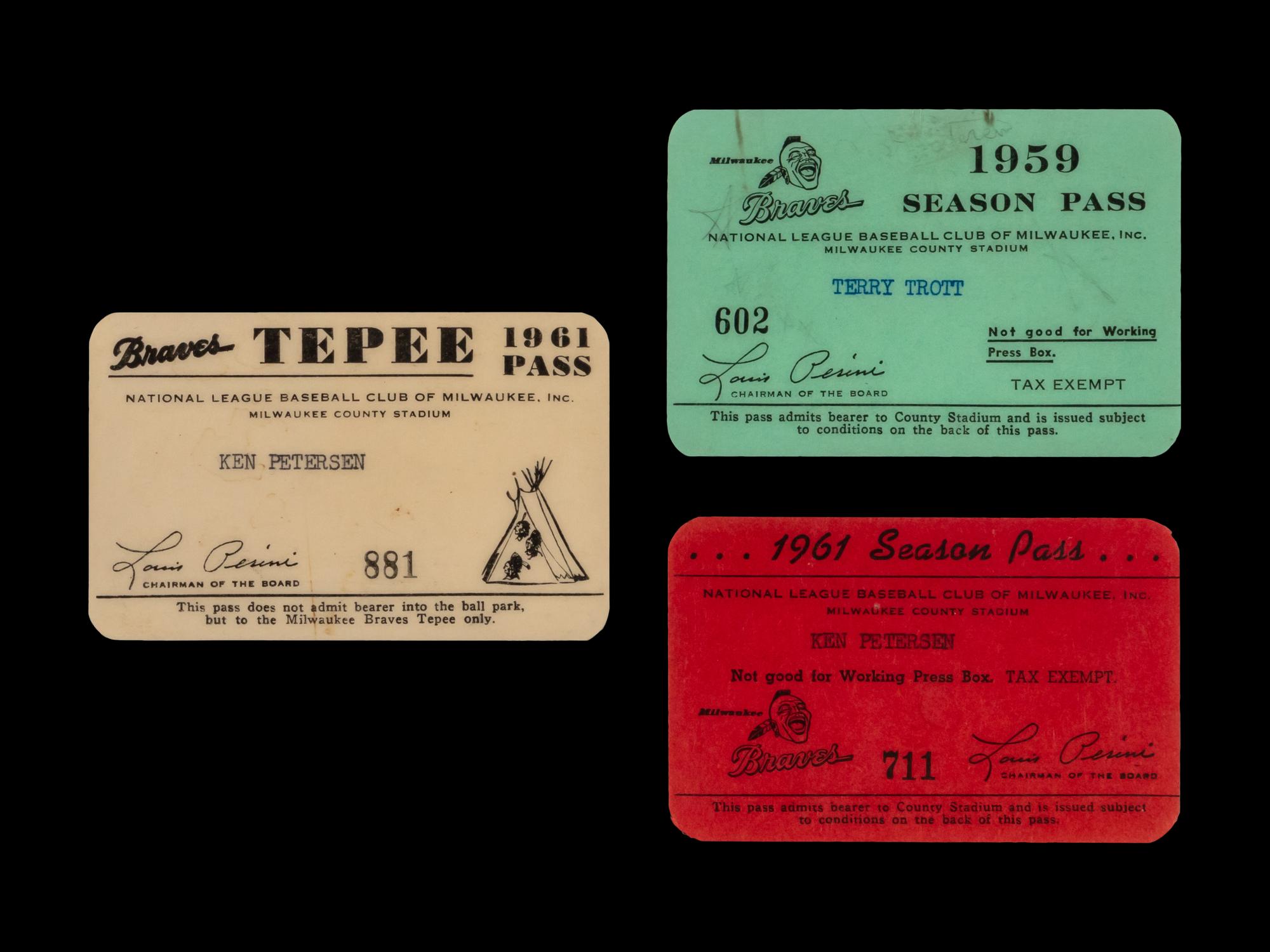 A Group of Three Vintage Milwaukee Braves Season Passes