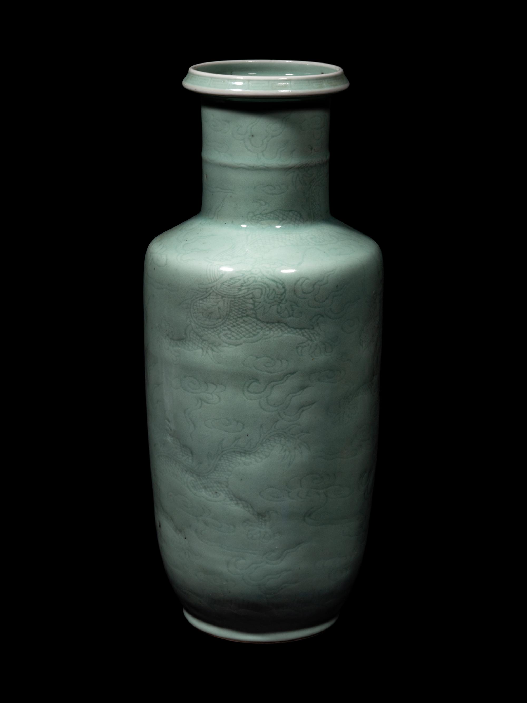 A Pale Celadon Glazed Porcelain Rouleau Vase