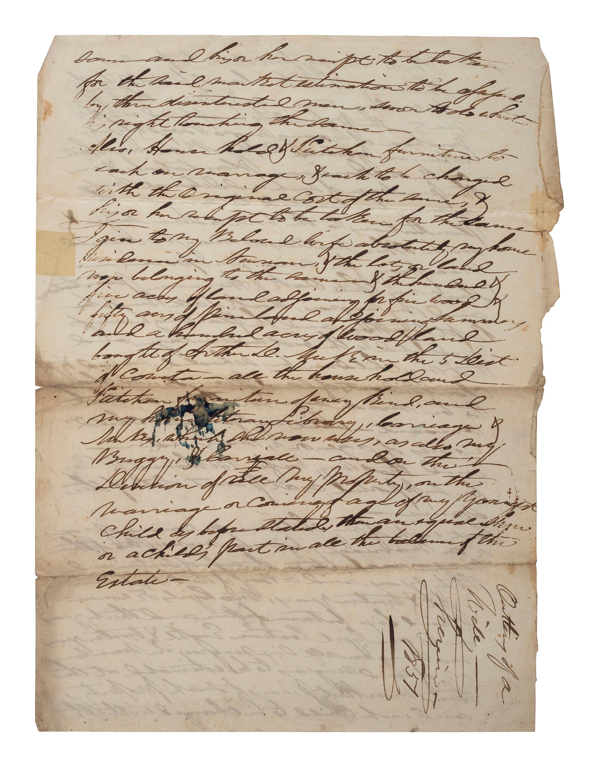 [SLAVERY & ABOLITION]. Manuscript outline for a will with the discussion of enslaved African Americans. Newman, GA, 1851.