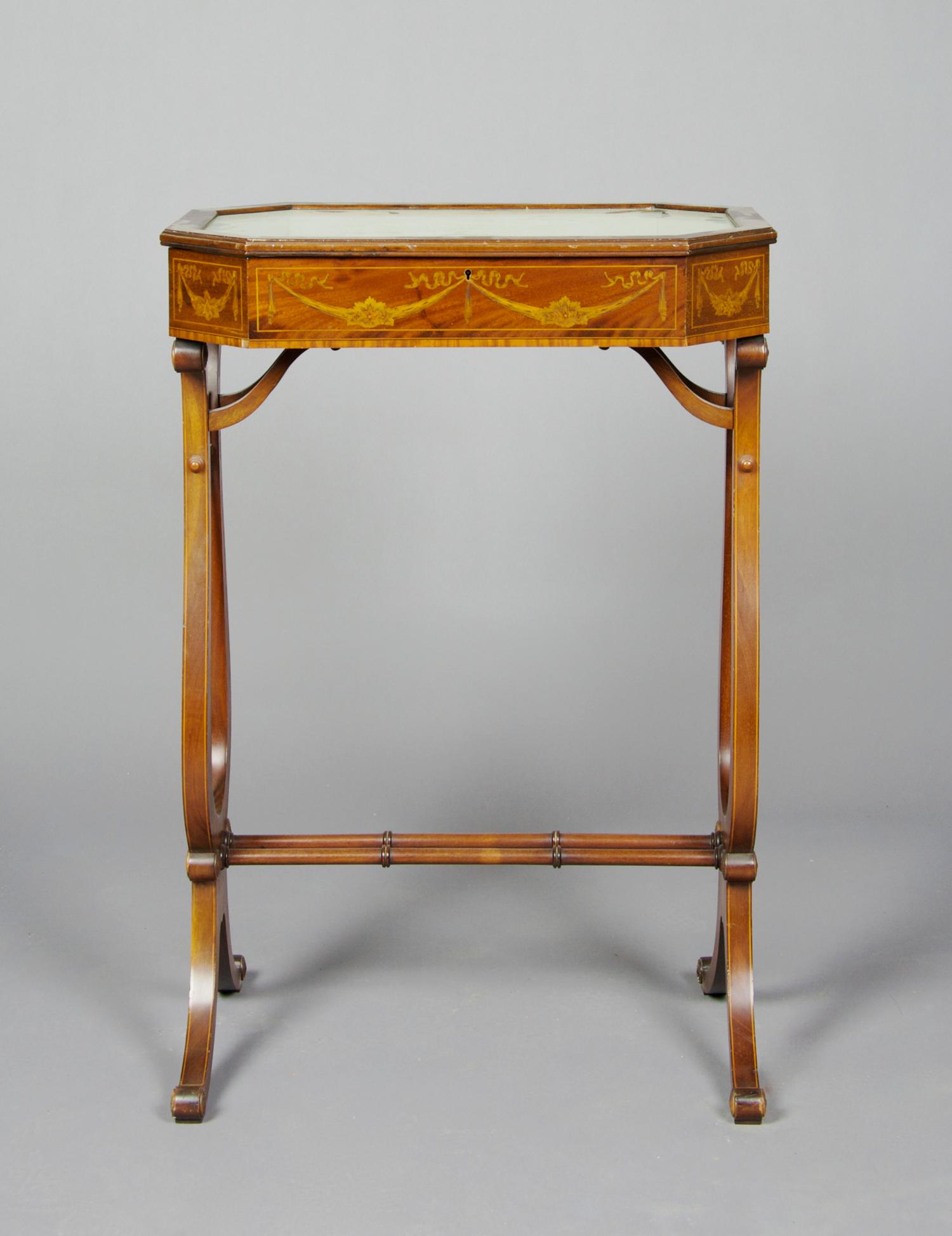A Regency Style Marquetry Vitrine Table, Height 28 7/8 x width 19 3/4 x depth 13 7/8 inches.