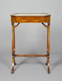 A Regency Style Marquetry Vitrine Table, Height 28 7/8 x width 19 3/4 x depth 13 7/8 inches.