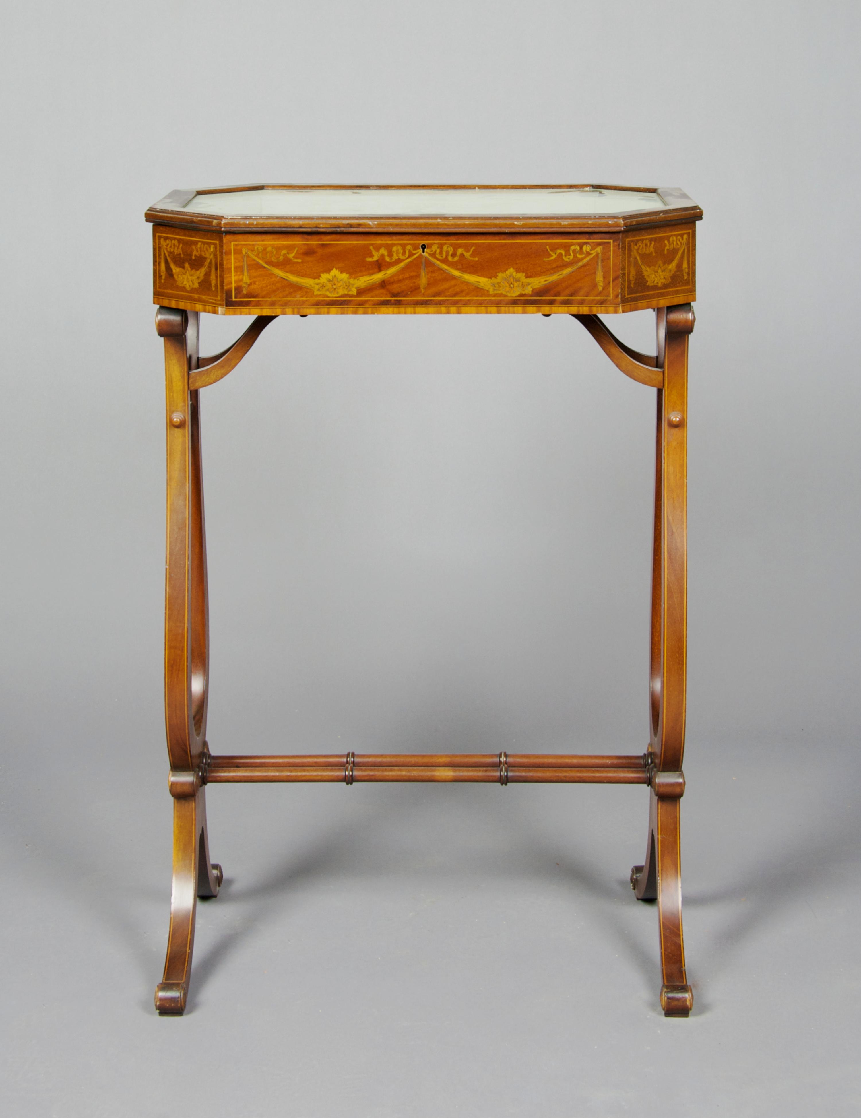 A Regency Style Marquetry Vitrine Table, Height 28 7/8 x width 19 3/4 x depth 13 7/8 inches.