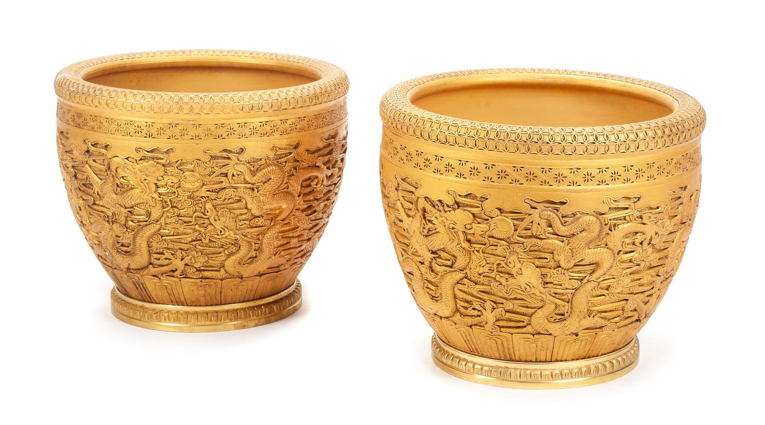 A Pair of Chinese Porcelain Fish Bowls Height 18 x diameter 21 inches.