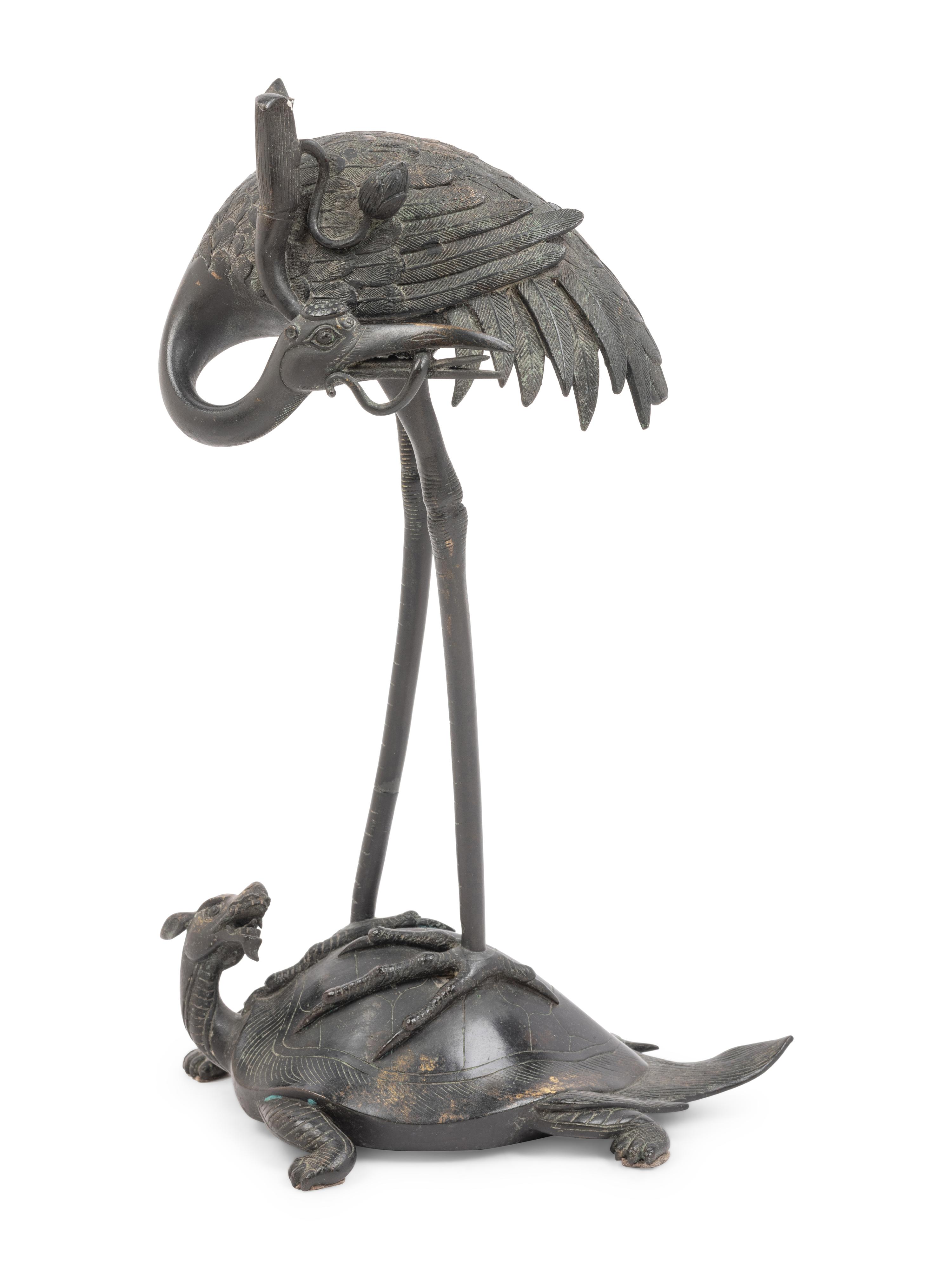 A Japanese Bronze Figural Group of a Crane and a Turtle