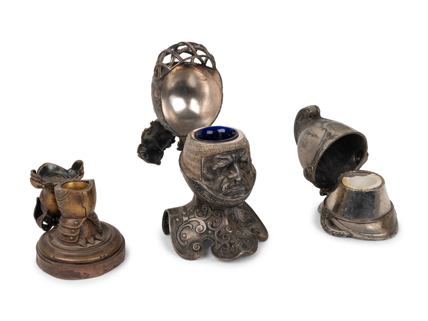 Two Knight Inkwells and a Helmet Inkwell
